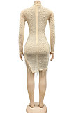 Apricot Night Club Mesh See-Through Hot Drilling Tassel Long Sleeve Round Collar Slim Fitting Mini Dress XZ5216-2