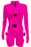 LemonYellow Women Club Wear Hollow Out Solid Color Buckle Long Sleeve Sexy Romper Shorts Q940-6
