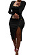 Black Women Autumn Square Neck Bodycon Sexy Split Solid Color High Waist Mid Dress Q934-7