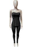 White Women Ribber Solid Color Strapless Split Tops Long Pants Casual Two-Pieces Q935-1