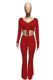 Dark Orange Women Autumn Winter Ribber Solid Color Shirred Detail V Collar Sexy Tiny Flared Pants Sets Q921-4