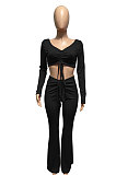 Light Blue Women Autumn Winter Ribber Solid Color Shirred Detail V Collar Sexy Tiny Flared Pants Sets Q921-2