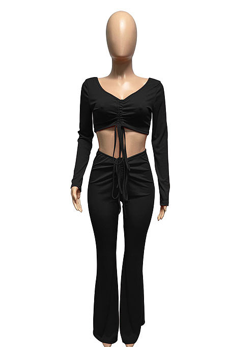 Light Blue Women Autumn Winter Ribber Solid Color Shirred Detail V Collar Sexy Tiny Flared Pants Sets Q921-2