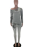 Red Casual Sequins Long Sleeve Round Neck Loose Top Bodycon Pants Two-Piece TZ10863-1