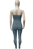 Dark Blue Women Ribber Solid Color Strapless Split Tops Long Pants Casual Two-Pieces Q935-5