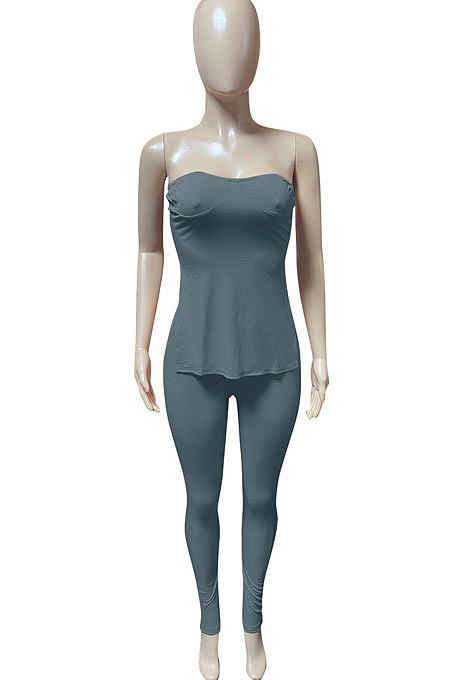 Pink Women Ribber Solid Color Strapless Split Tops Long Pants Casual Two-Pieces Q935-2