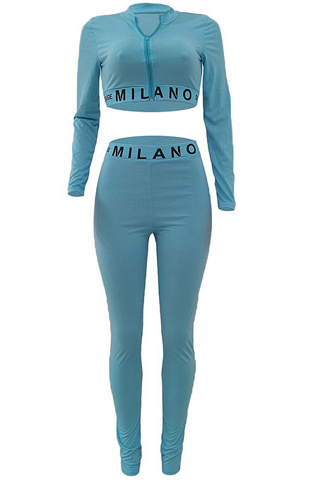 Wine Red Simple Women Letter Print Long Sleeve Zipper Crop Top Bodycon Pants Slim Fitting Two-Piece ALS209-3