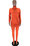 Orange Cotton Blend Long Sleeve Round Neck Loose T-Shirt Pencil Pants Solid Color Sets TZ10859-2