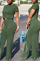 Green Euramerican Sexy Women Dew Waist Short Sleeve Pocket Pure Color Pants Sets KF61-7