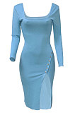 Red Women Autumn Square Neck Bodycon Sexy Split Solid Color High Waist Mid Dress Q934-4