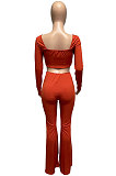 Light Blue Women Autumn Winter Ribber Solid Color Shirred Detail V Collar Sexy Tiny Flared Pants Sets Q921-2