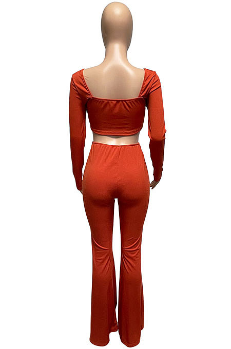 Light Blue Women Autumn Winter Ribber Solid Color Shirred Detail V Collar Sexy Tiny Flared Pants Sets Q921-2
