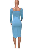 Sky Blue Women Autumn Square Neck Bodycon Sexy Split Solid Color High Waist Mid Dress Q934-9