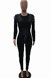 Black Night Club Eyelet Bandage Long Sleeve Round Neck Collcet Waist Bodycon Jumpsuits YSH6182 