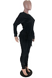 Black Wholesal Korea Velvet Mesh Spliced Long Sleeve Round Collar Jumper Pencil Pants Two-Piece TZ10852-1