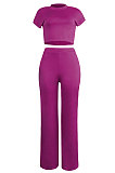 Light Blue Euramerican Sexy Women Dew Waist Short Sleeve Pocket Pure Color Pants Sets KF61-8