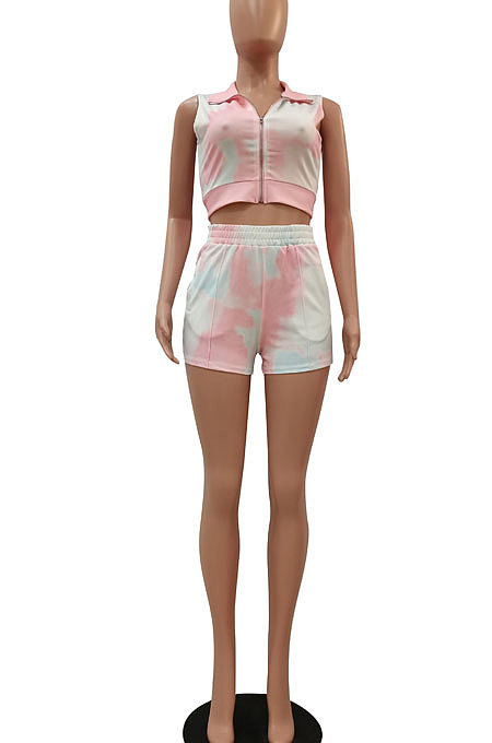 Purple Women Printing Tie Dye Cardigan Zipper Sexy Casual Shorts Sets ZZ762-3