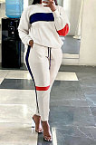 Blcak Women Fleece Woollen Sweater Spliced Stripe Sport Long Sleeve Casual Pants Sets SN390203-1