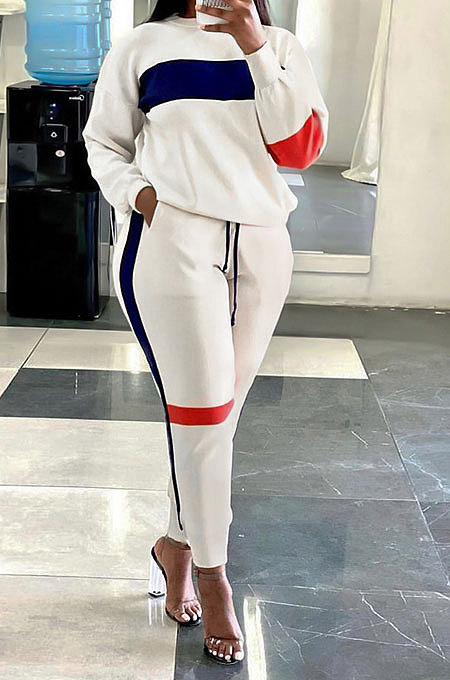 Blcak Women Fleece Woollen Sweater Spliced Stripe Sport Long Sleeve Casual Pants Sets SN390203-1