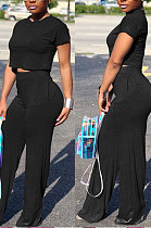 Black Euramerican Sexy Women Dew Waist Short Sleeve Pocket Pure Color Pants Sets KF61-2