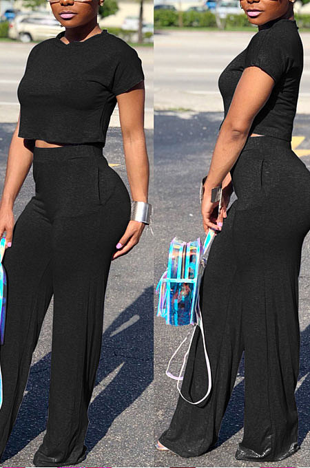 Black Euramerican Sexy Women Dew Waist Short Sleeve Pocket Pure Color Pants Sets KF61-2