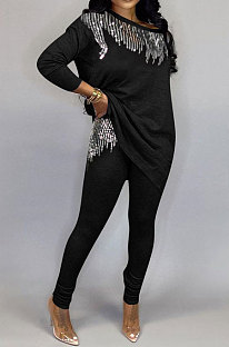 Black Casual Sequins Long Sleeve Round Neck Loose Top Bodycon Pants Two-Piece TZ10863-3