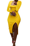 Sky Blue Women Autumn Square Neck Bodycon Sexy Split Solid Color High Waist Mid Dress Q934-9