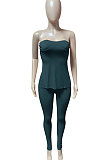 Dark Blue Women Ribber Solid Color Strapless Split Tops Long Pants Casual Two-Pieces Q935-5
