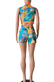 Pink Women Printing Tie Dye Cardigan Zipper Sexy Casual Shorts Sets ZZ762-1