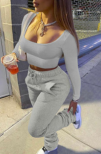 White Gray Simple Long Sleeve Low-Cut Crop Top Long Pants Solid Color Sport Sets YSH6209-5