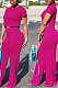 Rose Red Euramerican Sexy Women Dew Waist Short Sleeve Pocket Pure Color Pants Sets KF61-3
