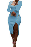 Sky Blue Women Autumn Square Neck Bodycon Sexy Split Solid Color High Waist Mid Dress Q934-9