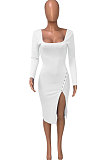 Brown Women Autumn Square Neck Bodycon Sexy Split Solid Color High Waist Mid Dress Q934-6