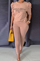 Khaki Modest Offset Printing Puff Sleeve Round Neck T-Shirt With Pocket Pencil Pants Pure Color Two-Piece ALS197-2