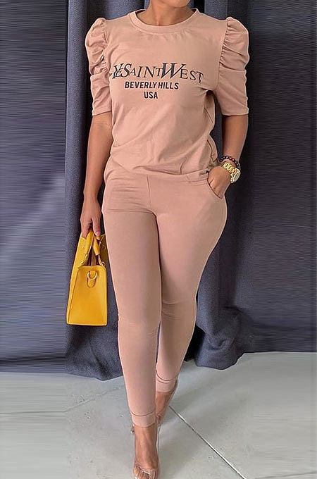 Khaki Modest Offset Printing Puff Sleeve Round Neck T-Shirt With Pocket Pencil Pants Pure Color Two-Piece ALS197-2