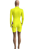 Neon Green Women Club Wear Hollow Out Solid Color Buckle Long Sleeve Sexy Romper Shorts Q940-5