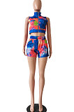 Purple Women Printing Tie Dye Cardigan Zipper Sexy Casual Shorts Sets ZZ762-3