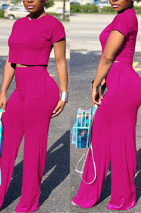 Dark Blue Euramerican Sexy Women Dew Waist Short Sleeve Pocket Pure Color Pants Sets KF61-9
