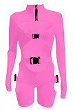 Black Women Club Wear Hollow Out Solid Color Buckle Long Sleeve Sexy Romper Shorts Q940-1