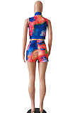 Blue Yellow Women Printing Tie Dye Cardigan Zipper Sexy Casual Shorts Sets ZZ762-5