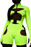 Pink Women Club Wear Hollow Out Solid Color Buckle Long Sleeve Sexy Romper Shorts Q940-2