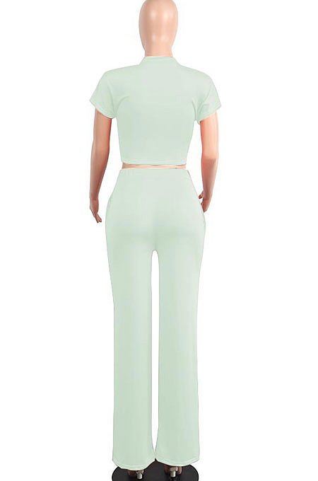 Dark Blue Euramerican Sexy Women Dew Waist Short Sleeve Pocket Pure Color Pants Sets KF61-9