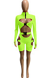 Orange Women Club Wear Hollow Out Solid Color Buckle Long Sleeve Sexy Romper Shorts Q940-4