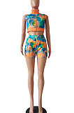 Blue Red Women Printing Tie Dye Cardigan Zipper Sexy Casual Shorts Sets ZZ762-4
