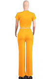 Green Euramerican Sexy Women Dew Waist Short Sleeve Pocket Pure Color Pants Sets KF61-7