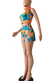 Blue Yellow Women Printing Tie Dye Cardigan Zipper Sexy Casual Shorts Sets ZZ762-5