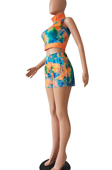Blue Yellow Women Printing Tie Dye Cardigan Zipper Sexy Casual Shorts Sets ZZ762-5