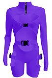 Pink Women Club Wear Hollow Out Solid Color Buckle Long Sleeve Sexy Romper Shorts Q940-2