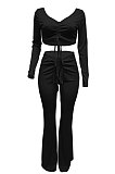 Light Blue Women Autumn Winter Ribber Solid Color Shirred Detail V Collar Sexy Tiny Flared Pants Sets Q921-2