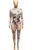 Yellow Autumn Winter Women Wave Printing Zipper Slim Fitting Long Sleeve Sexy Bodycon Jumpsuits Q937-2